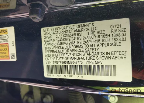 2021 Honda Pilot 2Wd Ex-L from USA, damaged, VIN 5FNYF5H59MB047775